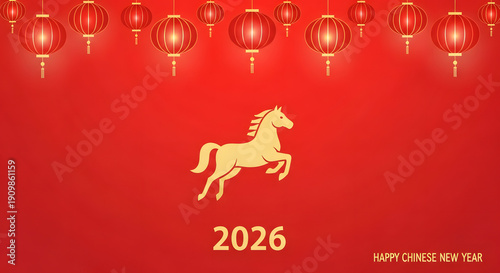 Vibrant red background adorned with golden lanterns and a majestic leaping horse illustration, celebrating the arrival of the traditional Chinese New Year 2026