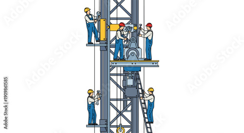 Skilled engineers meticulously maintain and repair complex machinery on a high-rise industrial drilling rig, ensuring
