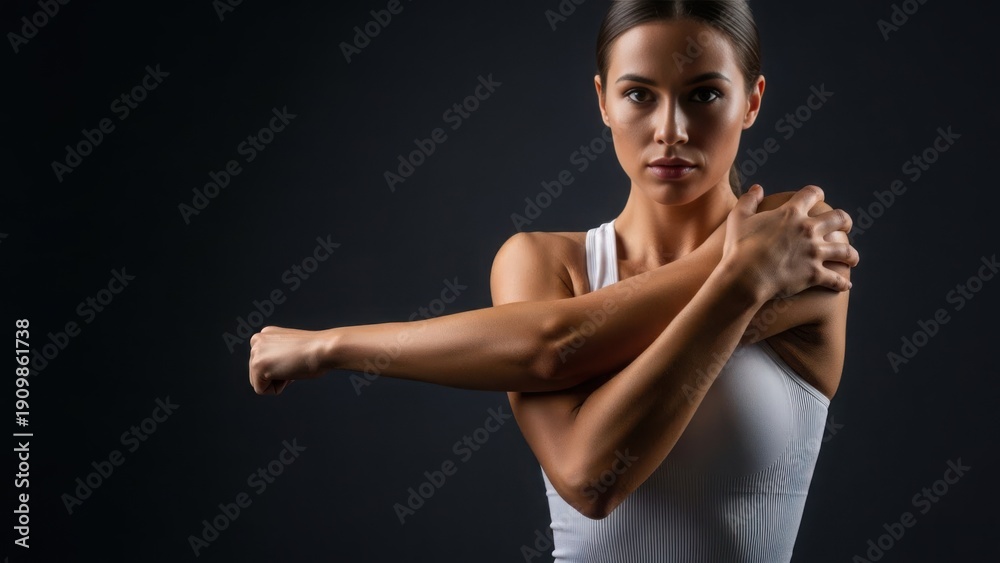 Naklejka premium Woman stretching her arm before workout, preparing muscles for exercise. This image represents concepts of fitness, warmup, healthy lifestyle, and self care.