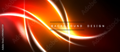 Bright neon lines create abstract shapes. Orange, red, yellow hues dominate dark background. Modern design element.