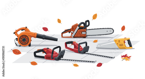 A collection of essential autumn and garden maintenance power tools including leaf blowers, chainsaws, hedge trimmers,