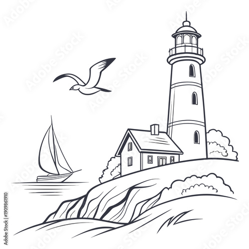 A black and white drawing of a lighthouse on a rocky coastline