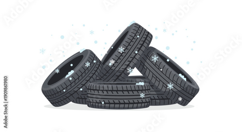 A prominent pile of robust winter tires covered in freshly fallen snowflakes, symbolizing readiness and essential