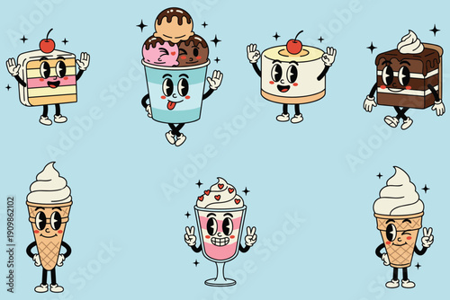 Vintage Cartoon Desserts with Faces and Limbs on Light Blue Background Keywords: vintage cartoon, retro dessert, anthropomorphic