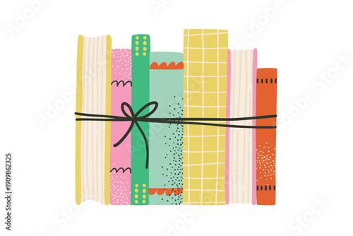 A stack of hand-drawn books bound with ribbon. Study, library, reading.