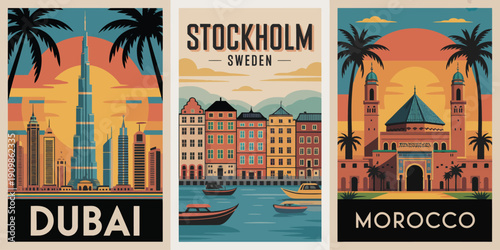 Retro travel poster, vintage-style illustrations of Dubai, Stockholm, and Morocco with bold white text