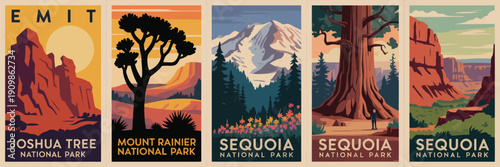 Joshua Tree National Park poster, EMIT text at top, tall black Joshua tree with park name at bottom