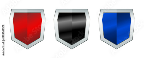 Set of red, black and blue shield emblems, glossy metallic protection signs, vector illustration