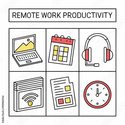 Remote work productivity icons in six sections