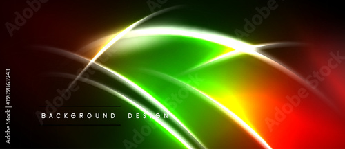 Abstract vibrant design features flowing lines, bright colors. Red, green, white blend creating dynamic visual effect. Modern background.
