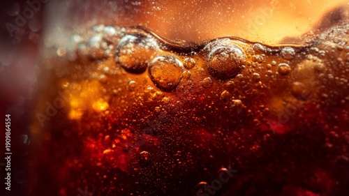 Close-up of ice-cold beverage with bubbles and red lighting. Artificial intelligence image