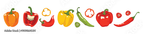 Set of Vibrant pepper stickers in flat vector style. Bell peppers and chili in different colors, whole and sliced, with leaves and spicy elements. Fresh Vegetables for cooking and healthy lifestyle.