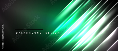 Dark green backdrop features bright neon lines. Modern abstract design with gradient effect. Text reads background design. Simple, elegant presentation.