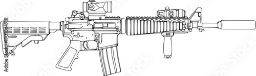 American M4 assault rifle with reflector sight and silencer. Vector Outline Illustration
