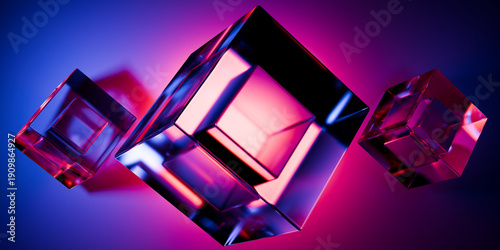 Fotografía Cyberfuturistic transparent glass  cubes and liquid acrylic red purple blue glow