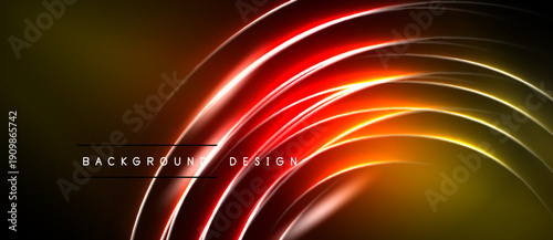 Abstract neon lines create dynamic curved shapes. Warm colors dominate dark background. Modern design element.