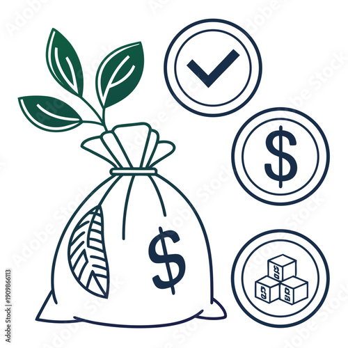 Financial growth and investment concept with a money bag and icons