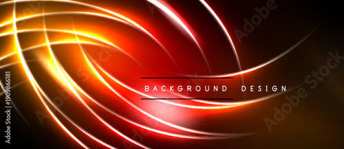 Abstract neon lines create dynamic energy. Red, orange hues dominate dark background. Modern design element for digital projects.