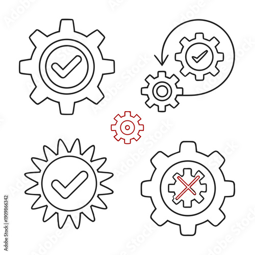 Gear icons with one red gear in the middle