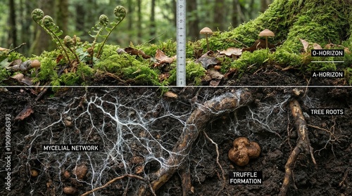 Soil layers with mycelial network and tree roots in forest ecosystem