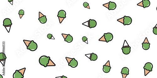 Scattered Pattern of Delicious Green Ice Cream Cones on a White Background