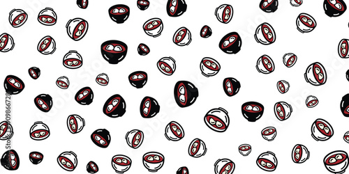 A playful abstract pattern of small black and white cartoon eyes with red pupils on a white background