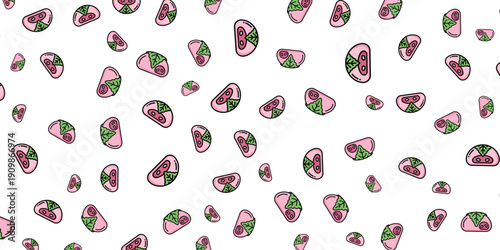 Abstract pattern of repeating kiwi slices with green seeds and pink flesh on a white background