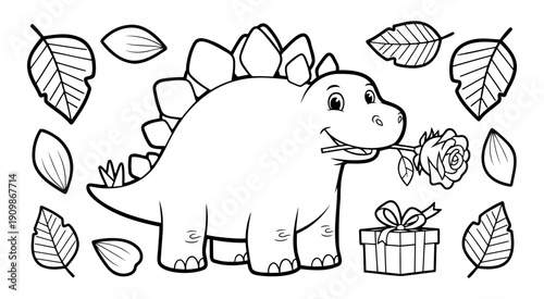 Coloring page: stegosaurus holding rose next to gift box and autumn leaves — ideal for dinosaur theme and gentle creativity.