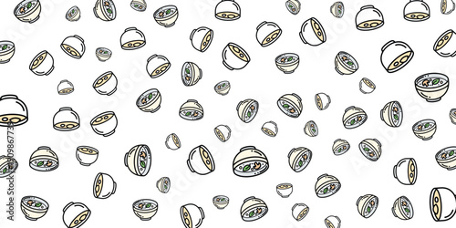 A seamless, repeating pattern of cartoon-style abstract objects with eyes and mouths on a white background