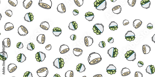 Cute cartoon food pattern with various snack dishes and ingredients, perfect for backgrounds and decorations