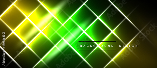 Bright neon grid pattern. Green, yellow light beams intersect over black background. Modern abstract design element.