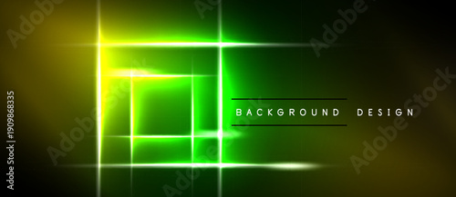 Abstract neon squares overlap dark background. Bright green, yellow hues create dynamic visual effect. Modern design element.