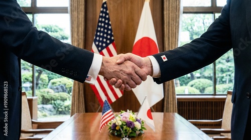 Diplomatic handshake between representatives symbolizing a firm and respectful bilateral agreement between the United States and Japan fostering international partnership and mutual respect.