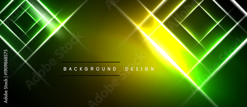 Abstract neon lines create dynamic geometric pattern. Bright yellow transitions into vibrant green over black background. Modern design element.