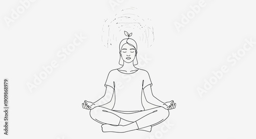Woman Meditating in Lotus Pose with Sprout on Head Symbolizing Mental Growth and Mindfulness