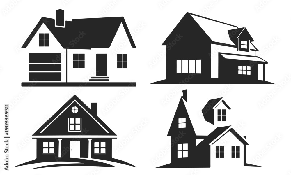 custom made wallpaper toronto digitalSet of four black house silhouettes for real estate design. Family home, house icon, residential building, estate property, suburban house. Minimalist vector art icons