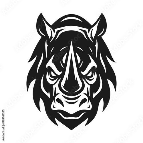 Rhinoceros head image. Vintage wild rhinoceros logo. Black and white vector illustration of the mighty African animal, isolated on a light background
