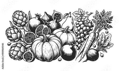 Autumn harvest with pumpkins, figs, and grapes. Harvest festival, healthy eating, vintage fruits, organic vegetables, autumn bounty. Black and white vector