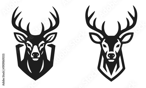 Set of two deer head logos with big antlers. Black buck silhouette, stag icon, hunting trophy, forest animal