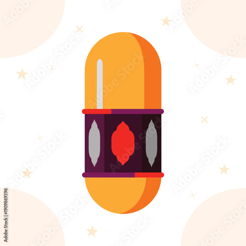 Orange and purple ornate lantern with intricate patterns, glowing warmly against a soft, star-filled background, symbolizing Ramadan.