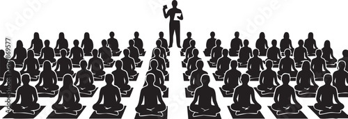 Crowd Workshop Meditation Instructor Silhouettes on White Background