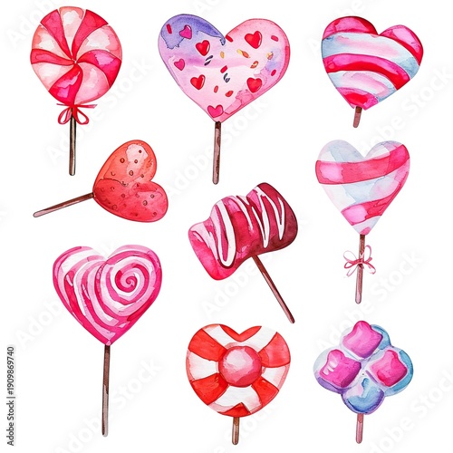 Watercolor collection of nine decorative lollipops in pink red and blue. Childhood
