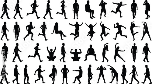 Black silhouette people pose collection showing walking, running, jumping, fitness exercises and expressive body movements in clean minimal flat icon style