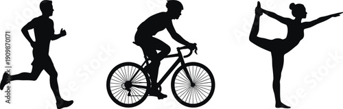 Black sport silhouette set showing runner, cyclist and yoga balance pose representing fitness, endurance, flexibility and healthy active lifestyle isolated on white background