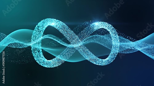 Dynamic digital infinity symbol crafted from glowing particles and flowing light waves, embodying concepts of endless continuity, boundless potential, and futuristic data