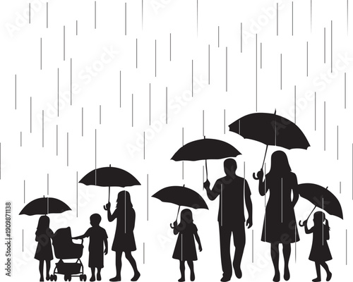 Large Family Walking in Rain with Umbrellas Silhouettes on White Background