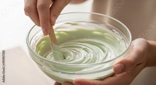 facial aesthetics concept Mixing light green cosmetic cream or mask in a clear glass bowl by hand facial aesthetics concept