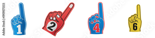 Numbered Foam Finger PNG Isolated White Background, Sports Fan Hand Sign 1 2 4 6 Set, Blue Red Yellow Cheerleading Collection, Game Day Spirit Support Clipart