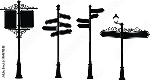 Set of vintage street signboards, directional arrows, and blank hanging shop signs silhouette vector