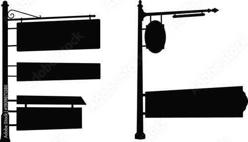 Set of vintage street signboard silhouettes and blank hanging shop signs vector